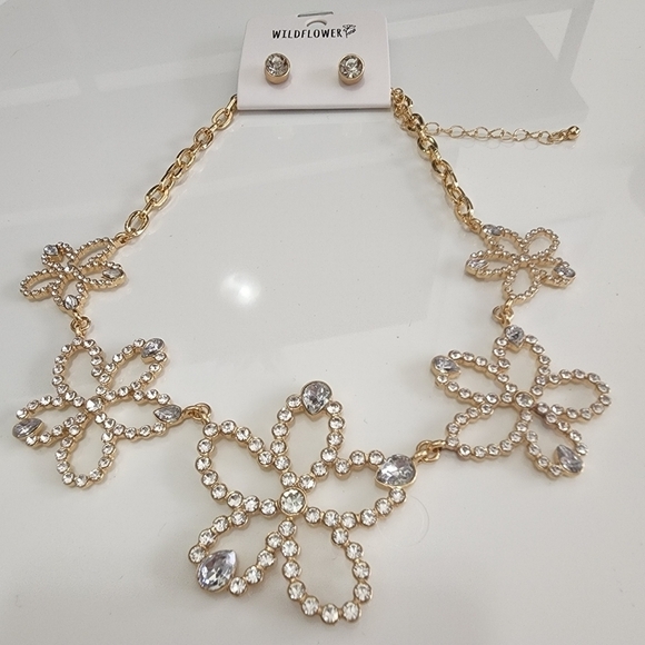 NEW Flower Crystal Golden Necklace Set Y2K - Picture 4 of 8